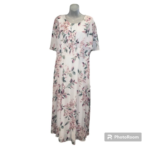 Calvin Klein Women’s Pink Floral Caplet Flutter Sleeves Maxi Chiffon Dress Sz 12 - Picture 1 of 12